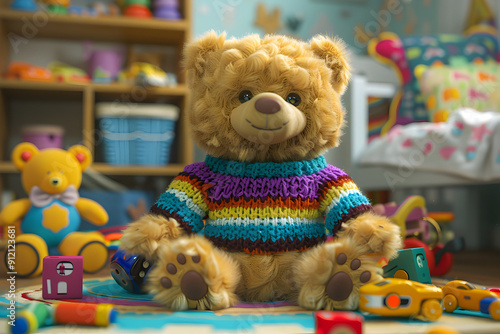 A cuddly teddy bear wearing a colorful knitted sweater sits amongst a pile of toys in a child's room.