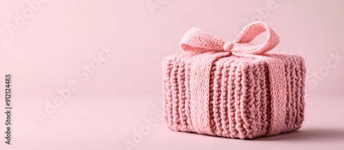 Pink knitted gift box with ribbon on pink background with copy space.crochet gift box design