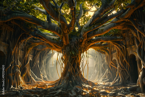 A majestic banyan tree with intricate roots, sunlight filtering through the leaves creating a magical atmosphere.