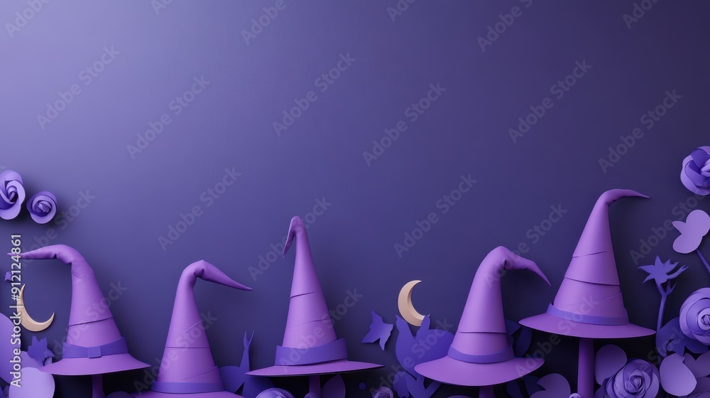 Halloween decorative border with purple witch hats and crescent moons, whimsical and spooky style Halloween decorative border with purple witch hats and crescent moons, whimsical and spooky style