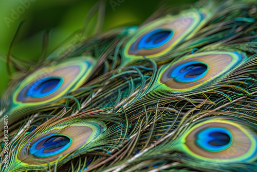 Macro shot of peacock feathers, showcasing intricate texture