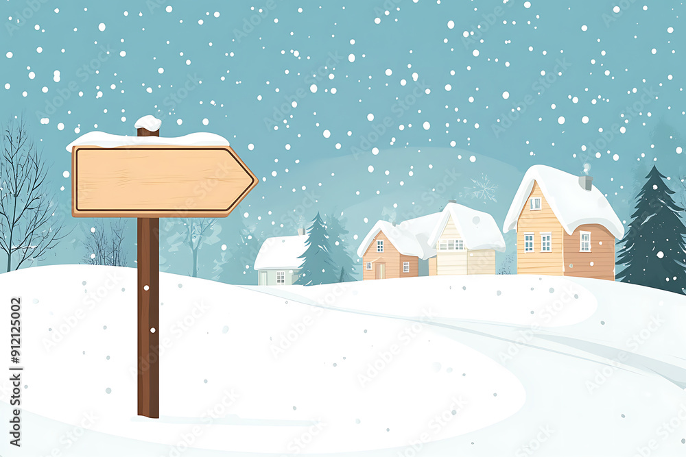 Naklejka premium Illustration of a blank arrow sign in a snowy winter village with cozy houses, trees, and falling snow, perfect for holiday themes.