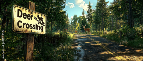 A serene rural scene featuring a 'Deer Crossing' sign near a wooded area, highlighting the beauty of nature and wildlife safety. photo