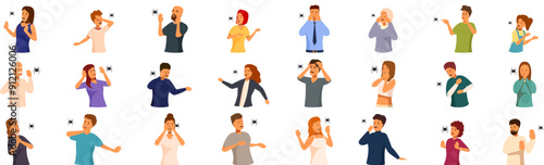 Arachnophobia icons set. People having arachnophobia, different characters suffering from fear of spiders, set of frightened men and women seeing terrifying insects