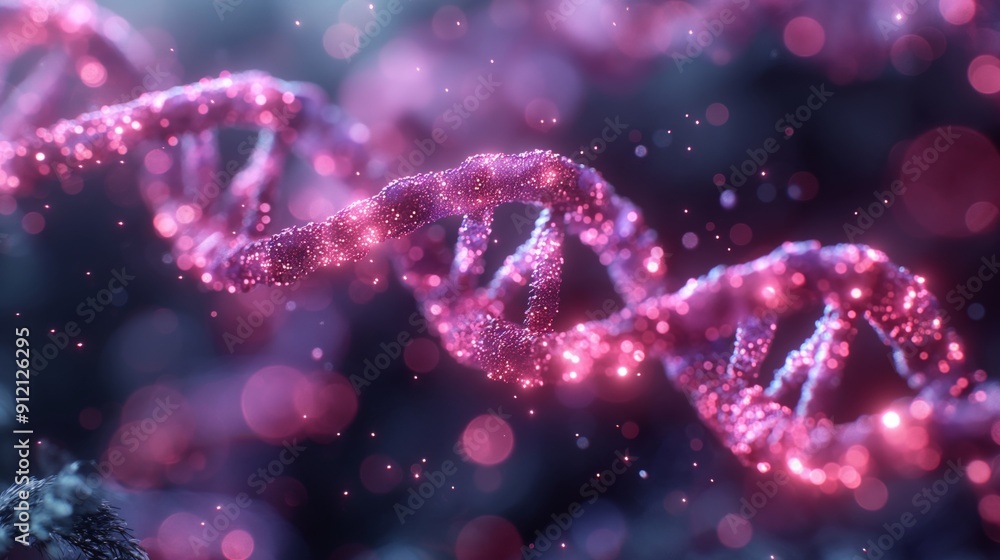 A cyberpunk representation of a DNA strand glows with neon pink and blue lights, symbolizing life's code. A cyberpunk representation of a DNA strand glows with neon pink and blue lights, symbolizing life's code.