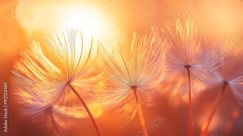 Serenity in Nature. Sunrise with a close-up of Pusteblume dandelion seeds