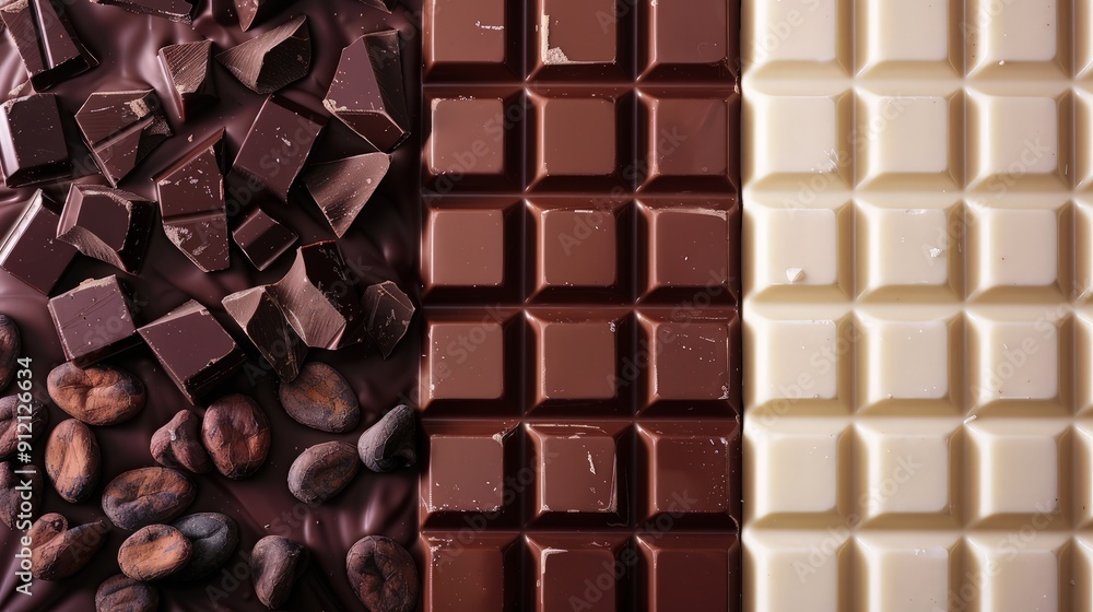 Fototapeta premium Assorted chocolate, various cocoa bars. Organic food background. varied chocolate background.