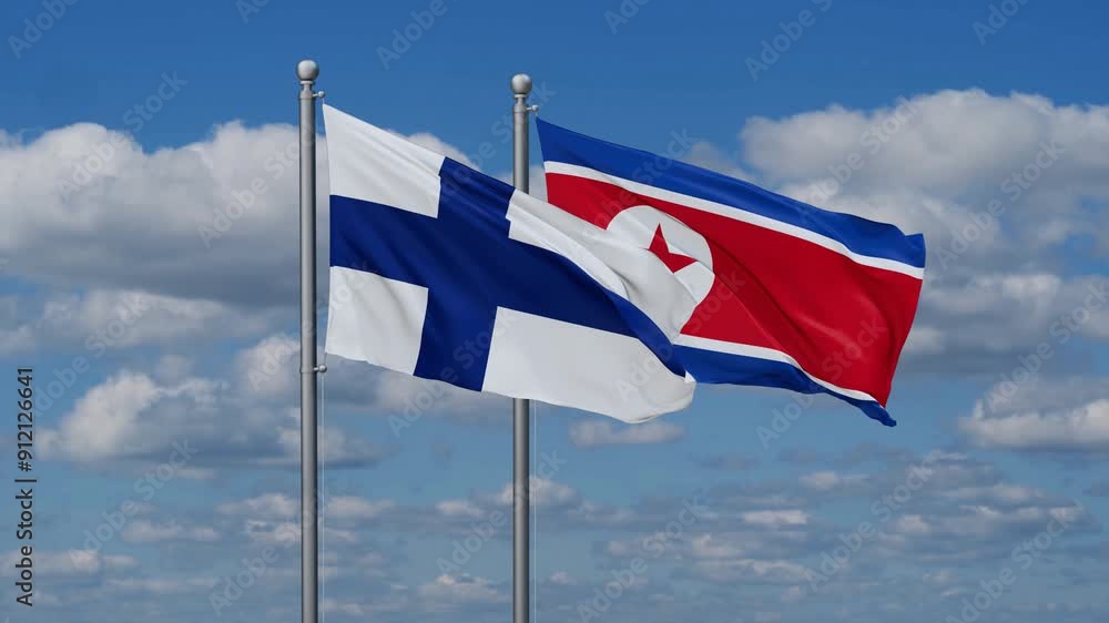 North Korea and Finland flags flying together, video concept of the relationship North Korea and Finland flags flying together, video concept of the relationship
