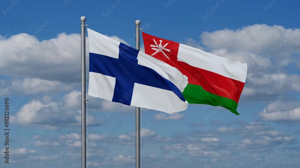 Oman and Finland flags flying together, video concept of the relationship, two country cooperation concept Oman and Finland flags flying together, video concept of the relationship, two country cooperation concept