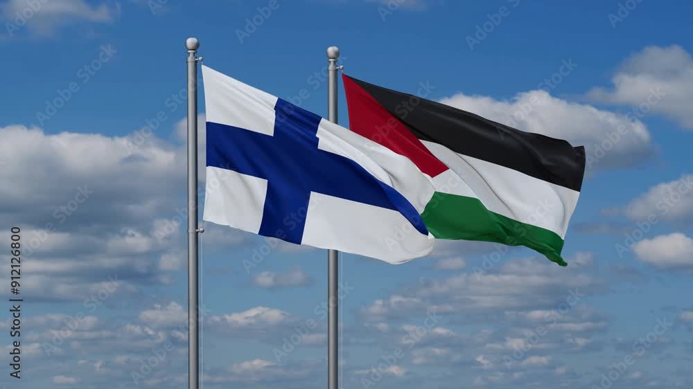 Palestine and Gaza Strip and Finland two flags waving together on blue , video concept of the relationship Palestine and Gaza Strip and Finland two flags waving together on blue , video concept of the relationship