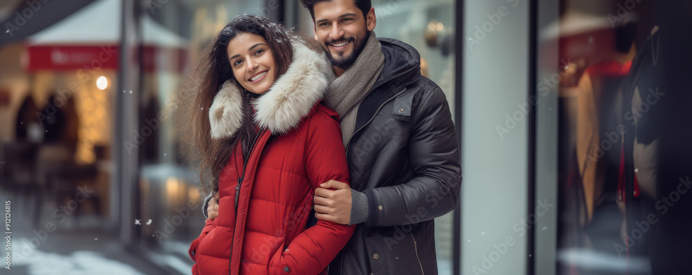 A man and woman are standing outside in the snow, both wearing red coats A man and woman are standing outside in the snow, both wearing red coats
