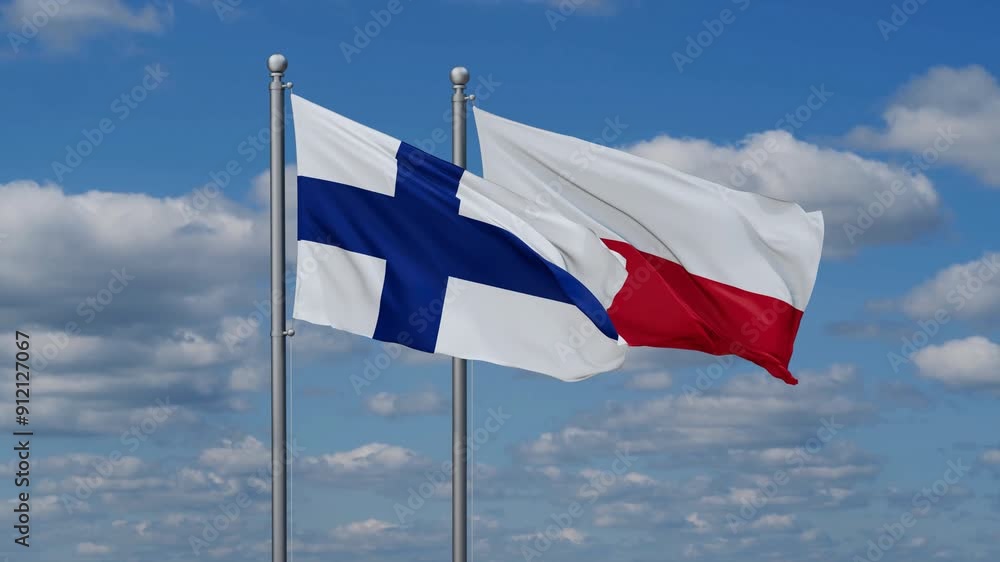 Poland and Finland flags flying together, video concept of the relationship, two country cooperation concept Poland and Finland flags flying together, video concept of the relationship, two country cooperation concept