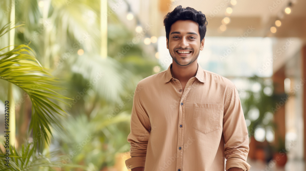 A man is smiling and wearing a tan shirt A man is smiling and wearing a tan shirt
