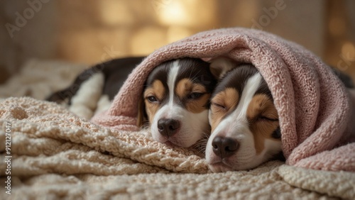 cute puppies wrapped in a knitted scarf on the background 