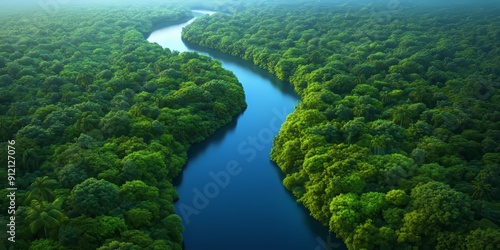 A bird's-eye view of the Amazon rainforest, with rivers winding through it and lush greenery all around.