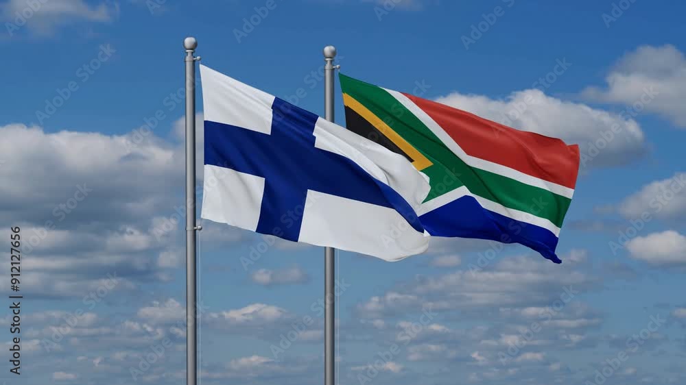 Republic of South Africa and Finland flags flying together, video concept of the relationship, two country cooperation concept Republic of South Africa and Finland flags flying together, video concept of the relationship, two country cooperation concept