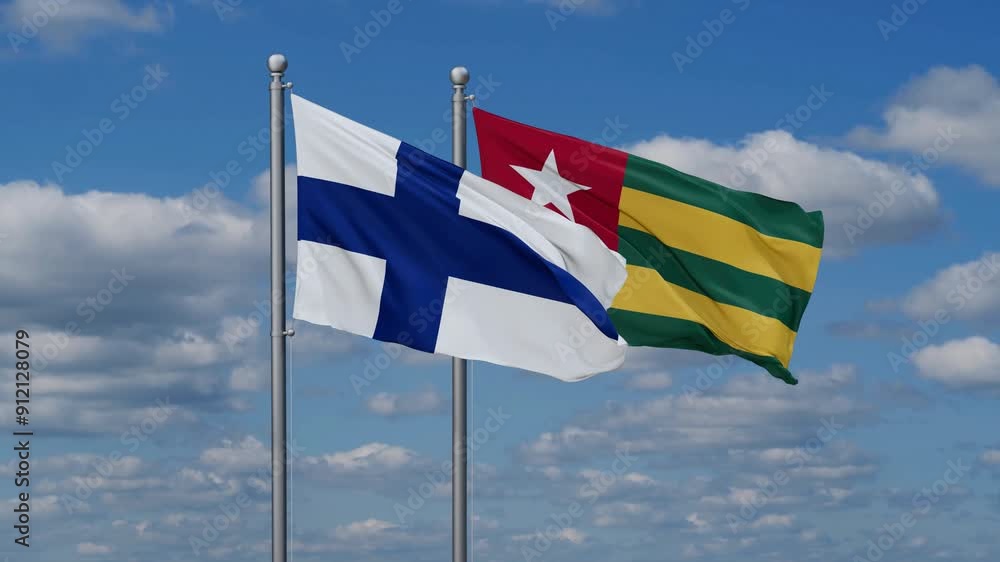 Togo, Togolese Republic and Finland flags flying together, video concept of the relationship, two country cooperation concept Togo, Togolese Republic and Finland flags flying together, video concept of the relationship, two country cooperation concept