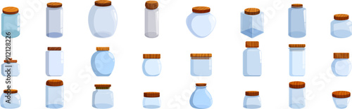 Glass jar wooden cap icons set. Collection of various empty glass jars with wooden lids, ideal for canning, preserving, and storing food