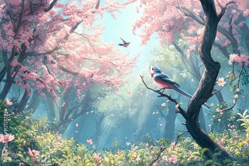 Botanical Symphony: A High-Fidelity Hand-Drawn Anime-Style Illustration of Nature's Melody in a Spring Grove, Capturing Seasonal Charm with Blooming Trees and the Serenade of Songbirds. photo