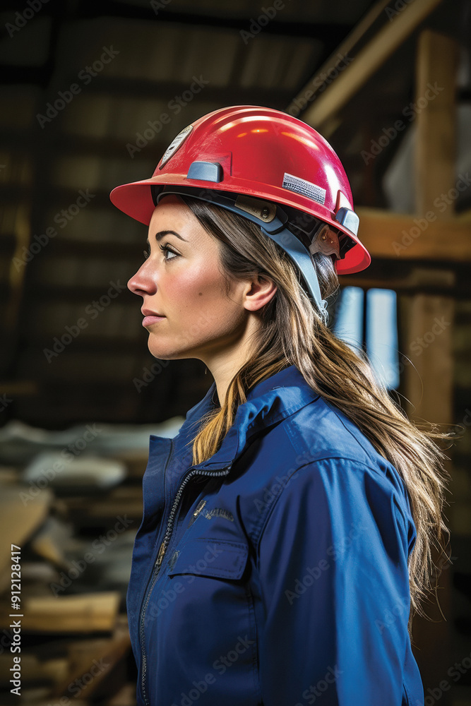 A woman wearing a red hard hat and blue work clothes A woman wearing a red hard hat and blue work clothes