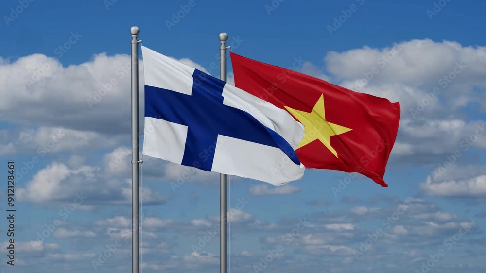 Vietnam and Finland flags flying together, video concept of the relationship Vietnam and Finland flags flying together, video concept of the relationship