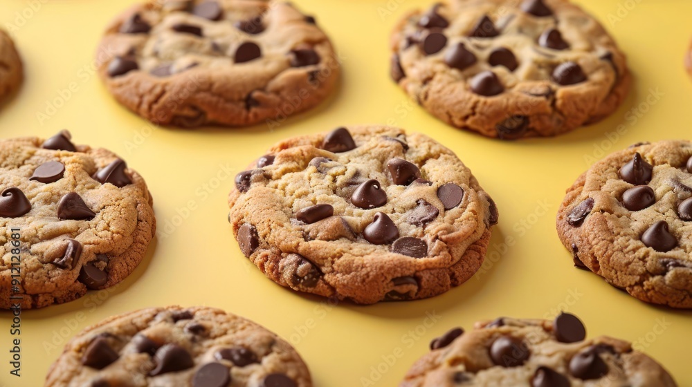 A collection of chocolate chip cookies arranged in a grid. A collection of chocolate chip cookies arranged in a grid.