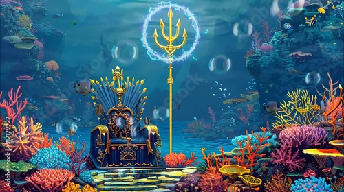 Mysterious throne with golden trident underwater with fish and coral reef. Seamless looping time-lapse 4k video animation background photo