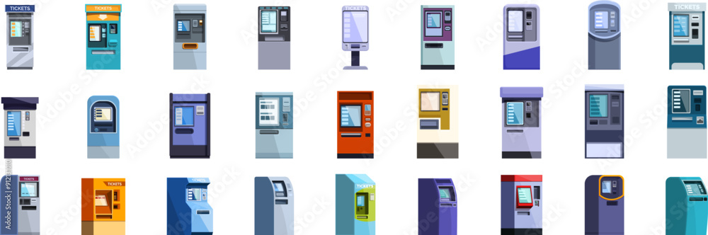 Subway ticket machine icons set. Diverse set of payment terminals featuring various designs and functionalities, highlighting the evolution of self service payment technology Subway ticket machine icons set. Diverse set of payment terminals featuring various designs and functionalities, highlighting the evolution of self service payment technology