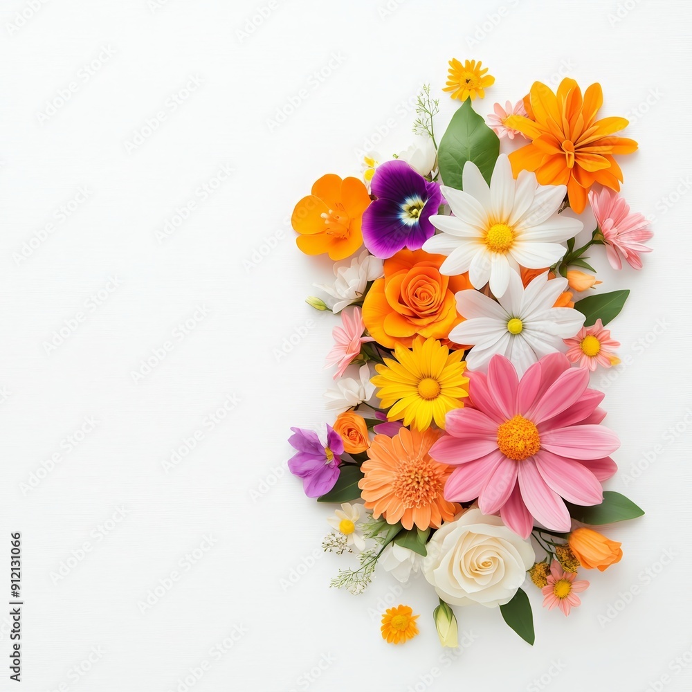 Obraz premium A vibrant arrangement of colorful flowers on a white background, showcasing a variety of blooms in different shapes and sizes.