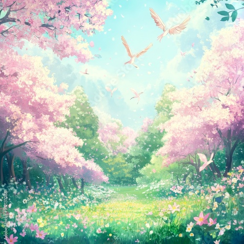 Botanical Symphony: A High-Fidelity Hand-Drawn Anime-Style Illustration of Nature's Melody in a Spring Grove, Capturing Seasonal Charm with Blooming Trees and the Serenade of Songbirds. photo