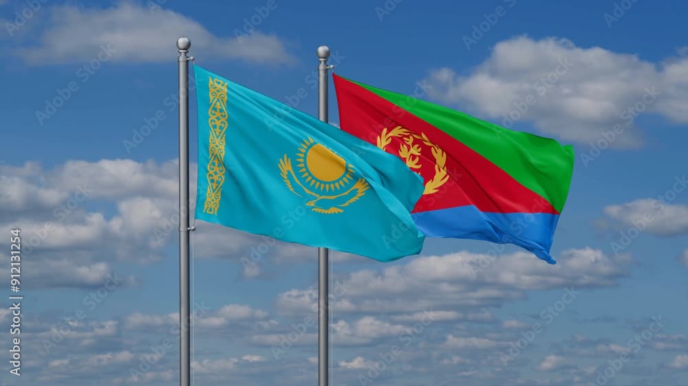 Eritrea and Kazakhstan flags flying together, video concept of the relationship, two country cooperation concept Eritrea and Kazakhstan flags flying together, video concept of the relationship, two country cooperation concept