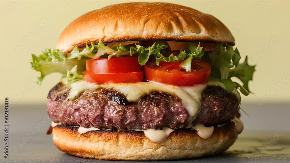 A hamburger with lettuce, tomato, and cheese on top A hamburger with lettuce, tomato, and cheese on top
