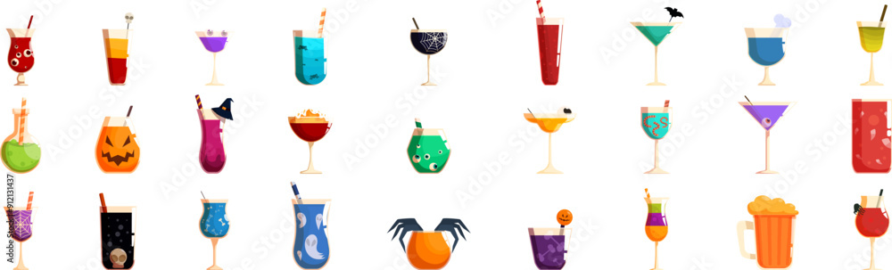 Cocktail Halloween icons set. Variety of colorful and festive halloween cocktails, perfect for adding a spooky touch to your celebration Cocktail Halloween icons set. Variety of colorful and festive halloween cocktails, perfect for adding a spooky touch to your celebration