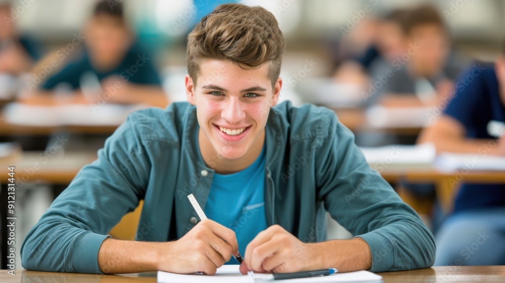 Confident Student Taking Exam in Classroom Confident Student Taking Exam in Classroom