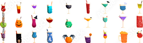 Cocktail Halloween icons set. Variety of colorful and festive halloween cocktails, perfect for adding a spooky touch to your celebration