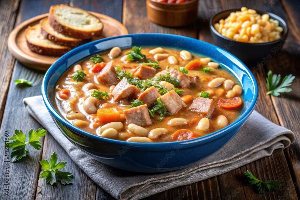 Hearty pork tripe stew with creamy white beans and savory smoked sausages served in a vibrant blue bowl on dark wood. Hearty pork tripe stew with creamy white beans and savory smoked sausages served in a vibrant blue bowl on dark wood.
