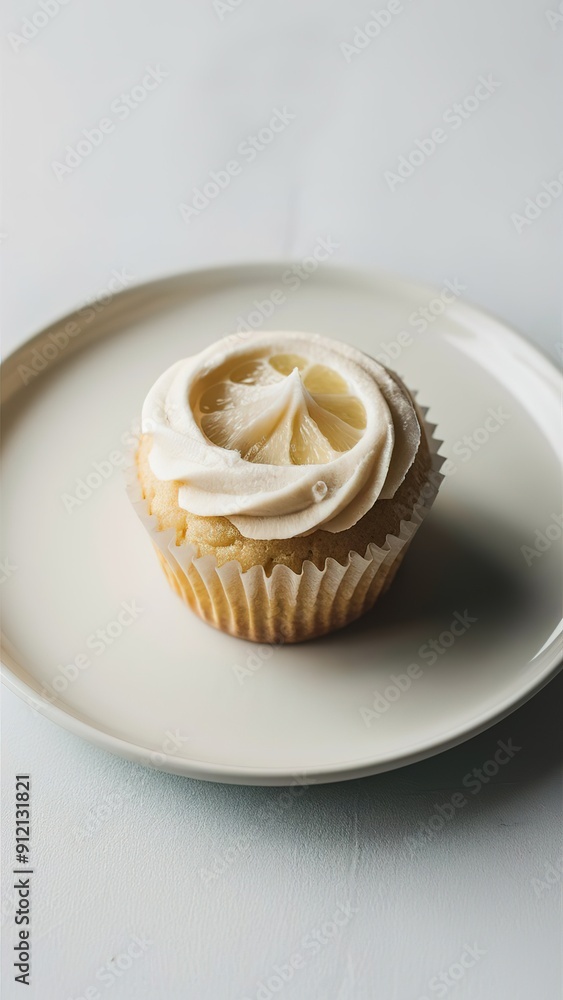 A cupcake with a lemon frosting sits on a white plate A cupcake with a lemon frosting sits on a white plate