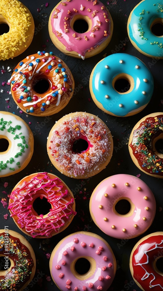 Fototapeta premium A row of colorful donuts with sprinkles and frosting