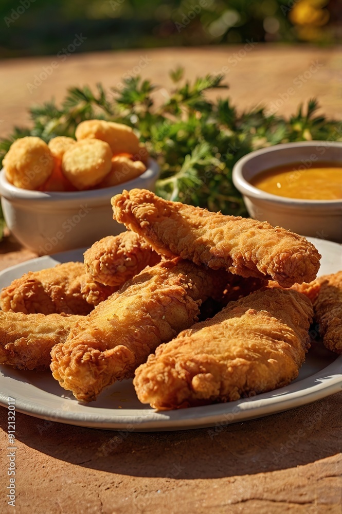 A plate of fried chicken with a side of potato chips and a dipping sauce A plate of fried chicken with a side of potato chips and a dipping sauce