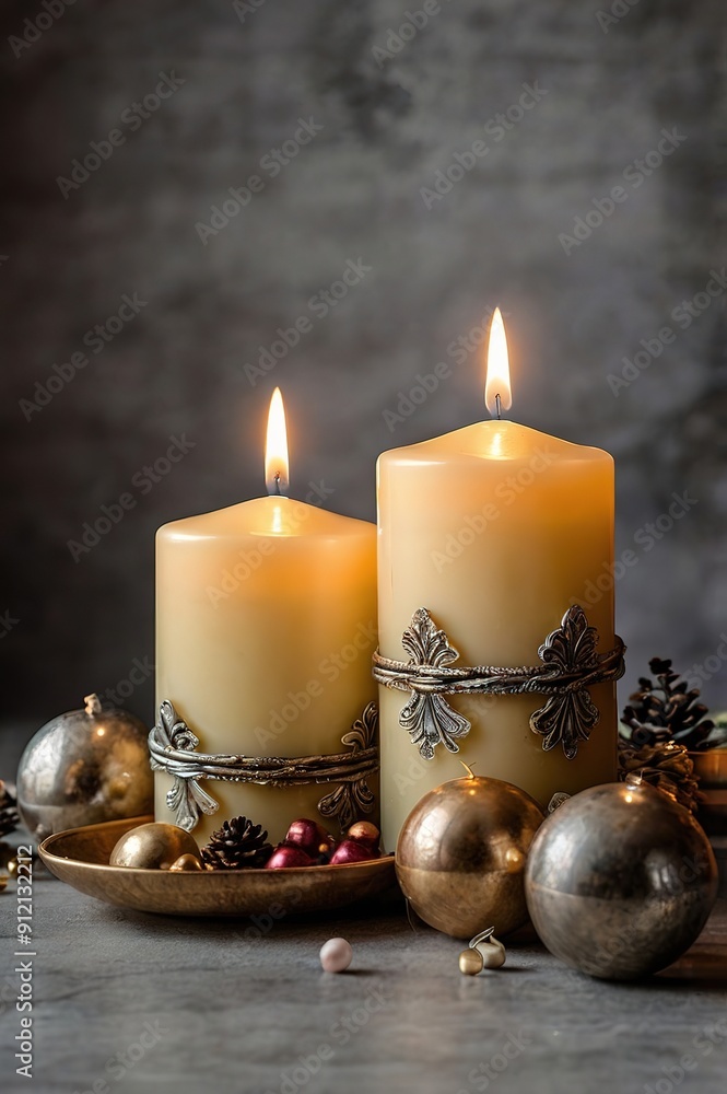 Two candles are lit and placed on a table with other decorations Two candles are lit and placed on a table with other decorations