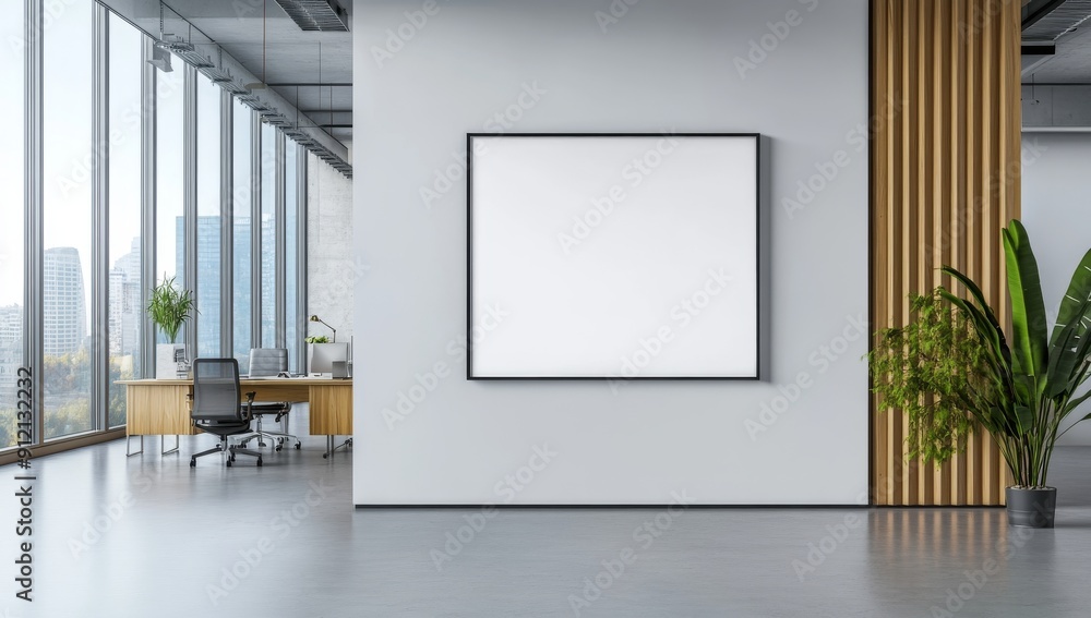 A large blank white poster frame is on the wall of an open office space with concrete floors A large blank white poster frame is on the wall of an open office space with concrete floors