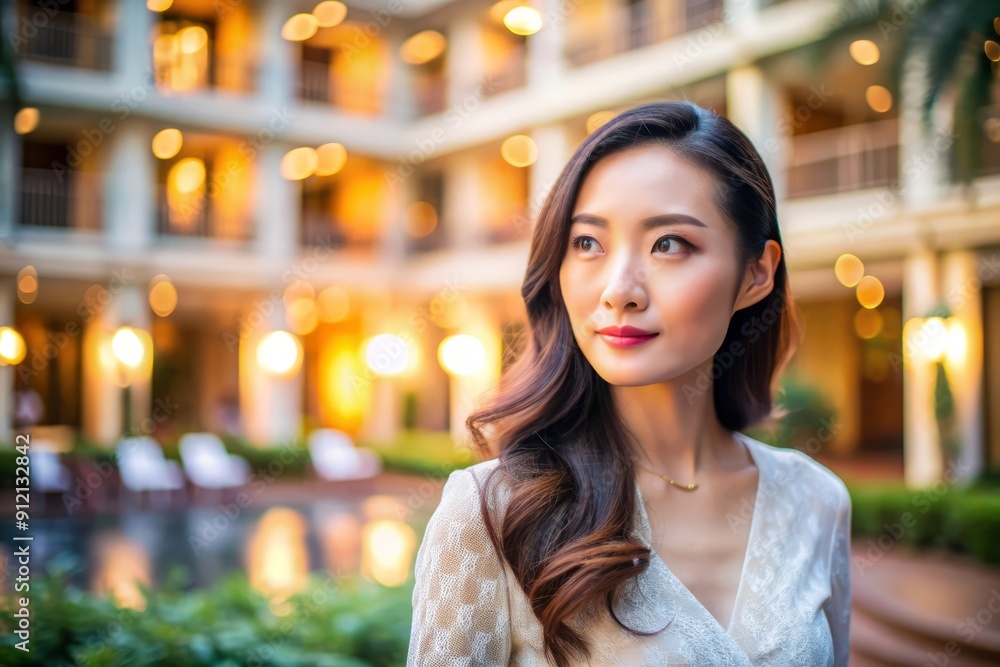 Obraz premium Young Woman with Long Hair Looking Away in a Building