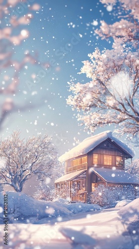 Frost's Enchanting Allure: A High-Fidelity Hand-Drawn Illustration of Nature's Tranquility in a Snowy Wonderland, Capturing the Season's Enticement with Sharpness and Cozy Comfort in Anime Style. photo