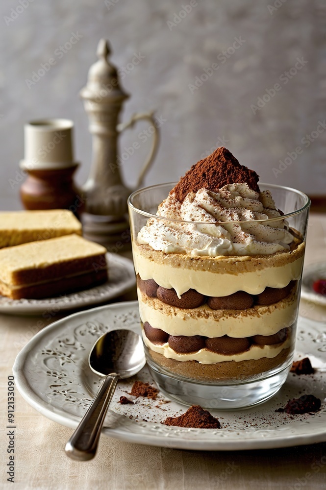 A dessert with a chocolate topping sits in a glass on a white plate A dessert with a chocolate topping sits in a glass on a white plate