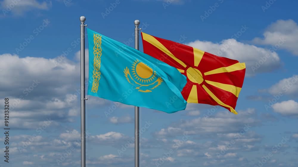 Kazakhstan and North Macedonia flags flying together, video concept of the relationship Kazakhstan and North Macedonia flags flying together, video concept of the relationship