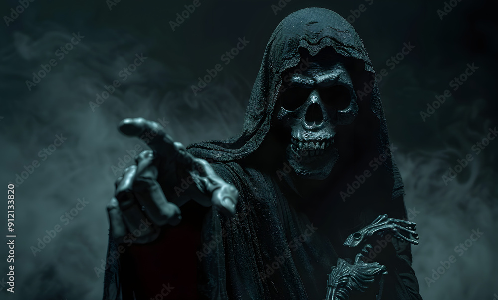 Grim reaper reaching towards the camera over dark background with copy space Grim reaper reaching towards the camera over dark background with copy space
