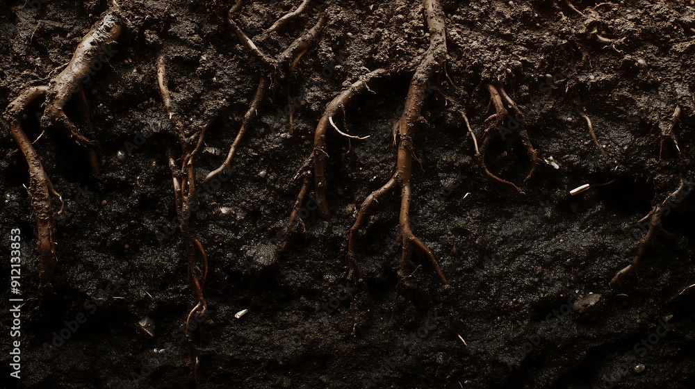 Tree roots in soil close up, underground texture Tree roots in soil close up, underground texture