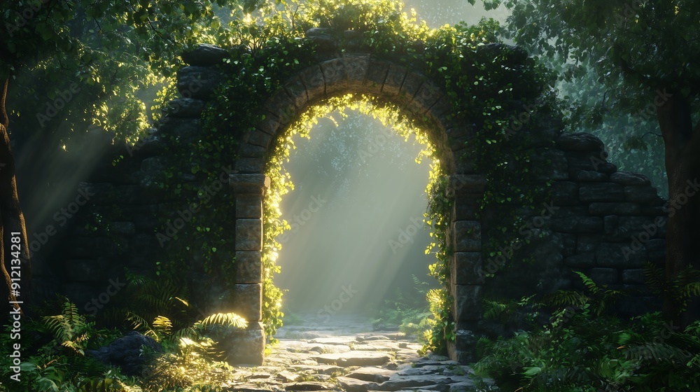 fantasy scene with a portal archway covered in creepers. In the fantasy world, ancient magical stone gate show another dimension fantasy scene with a portal archway covered in creepers. In the fantasy world, ancient magical stone gate show another dimension