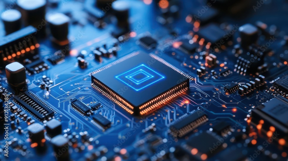 Close-up of a modern microprocessor on a circuit board, showcasing intricate details and illuminated components. Close-up of a modern microprocessor on a circuit board, showcasing intricate details and illuminated components.