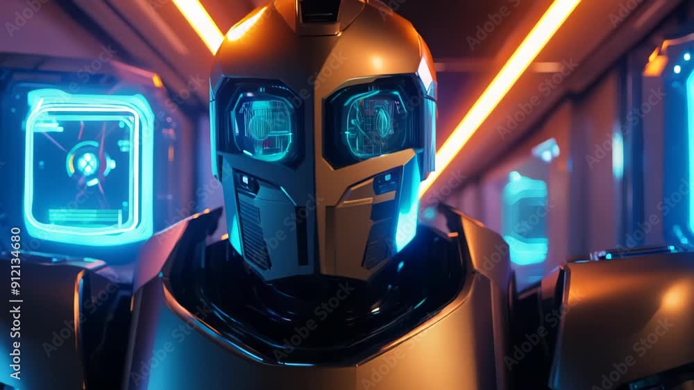 Advanced humanoid robot in sleek armor stands in futuristic corridor. Neon blue lights illuminate metallic surfaces. Orange and blue hues create high-tech atmosphere. Advanced humanoid robot in sleek armor stands in futuristic corridor. Neon blue lights illuminate metallic surfaces. Orange and blue hues create high-tech atmosphere.